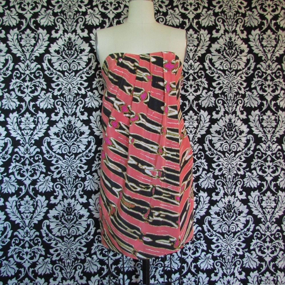 TIBI $300 Abstract Print Silk Strapless Mini Dress